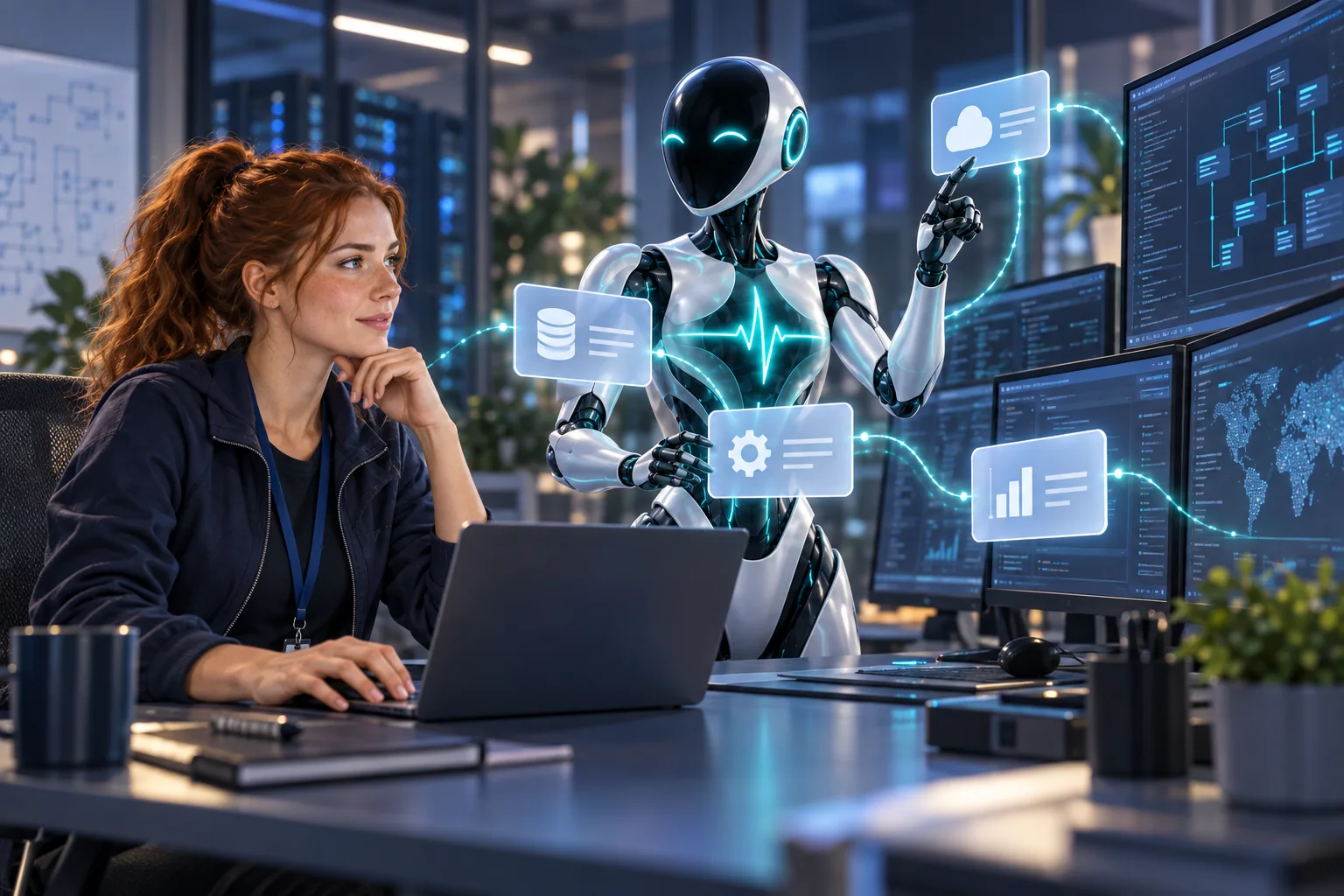 Systems engineer and DomAfina robot assistant reviewing software connections.