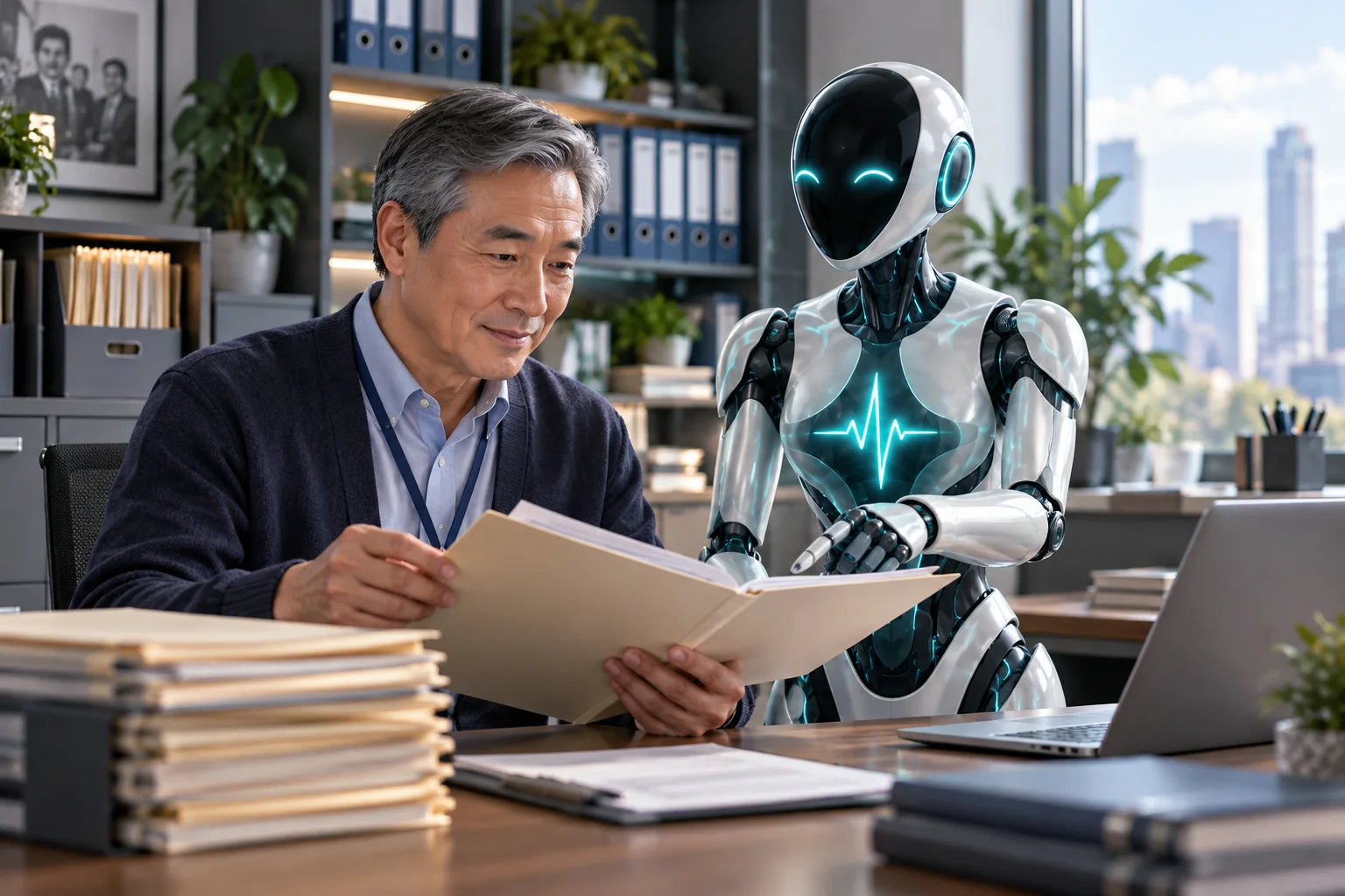 HR professional and DomAfina robot assistant reviewing staff credentials.