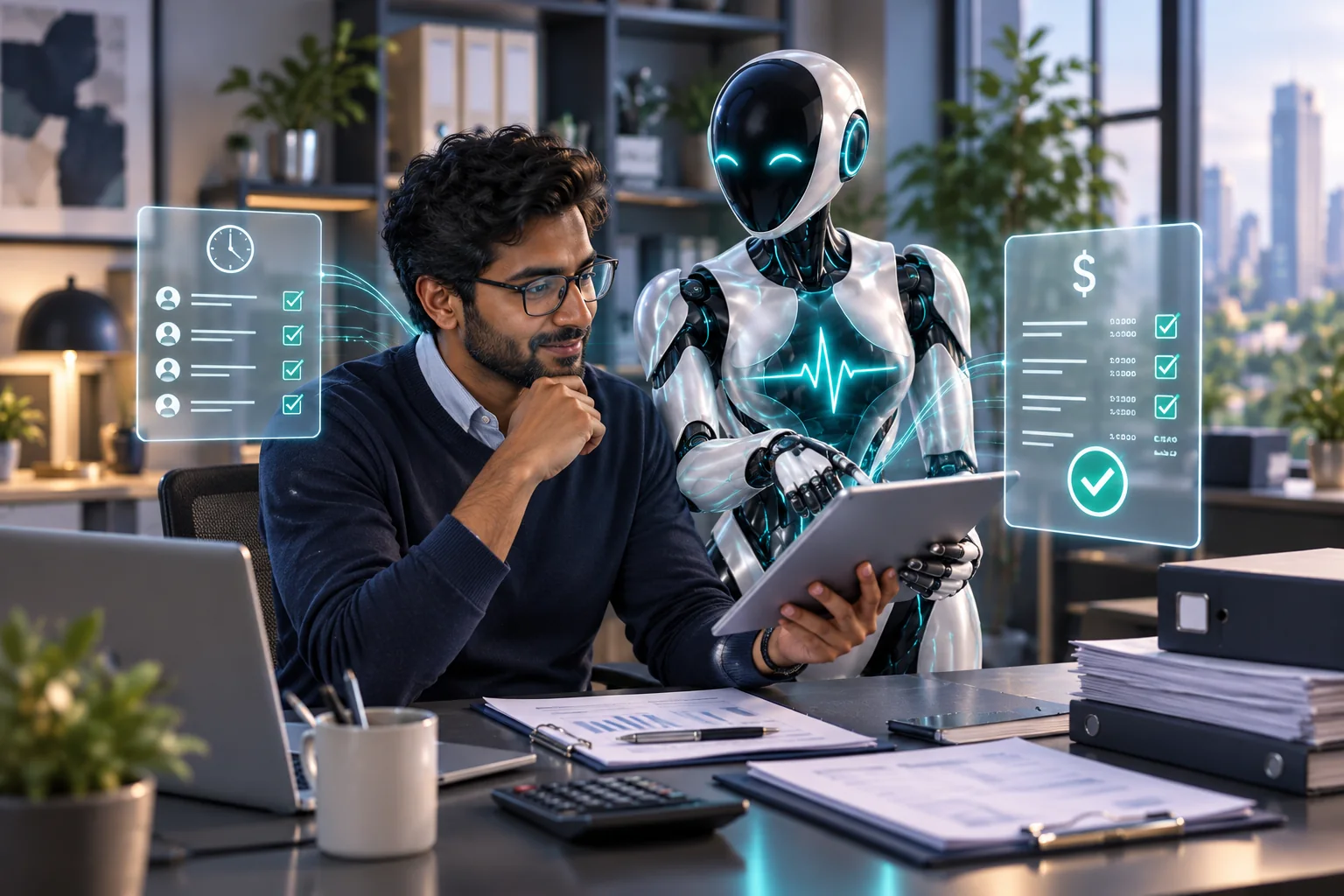 Payroll professional and DomAfina robot assistant reviewing home-care payroll.