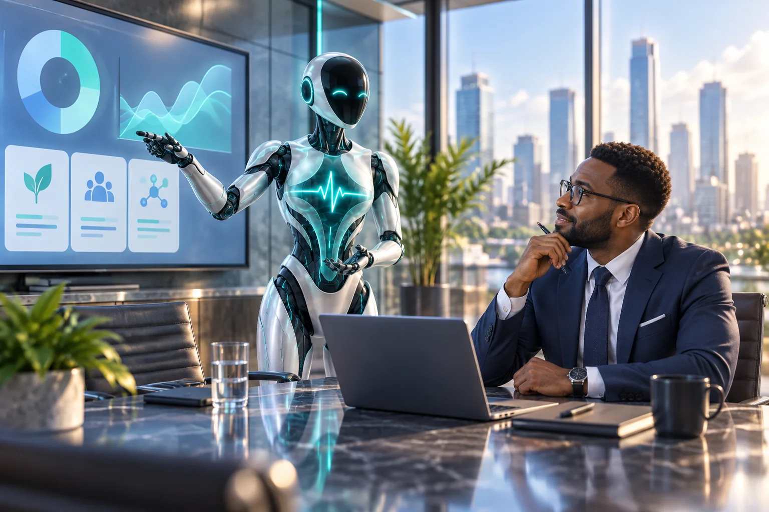 Provider director and DomAfina robot assistant reviewing performance reports.