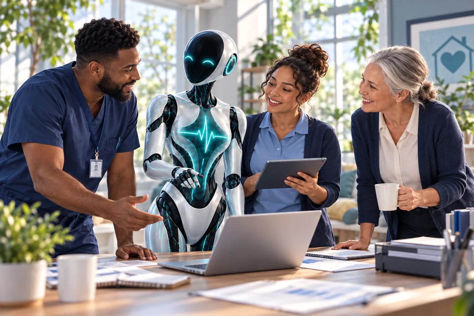 Healthcare team collaborating with the DomAfina robot assistant.