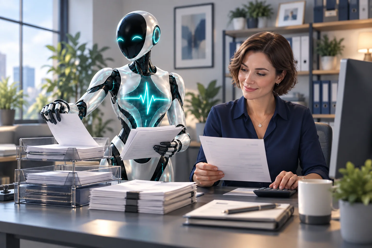 Billing specialist and DomAfina robot assistant reviewing home-health billing.