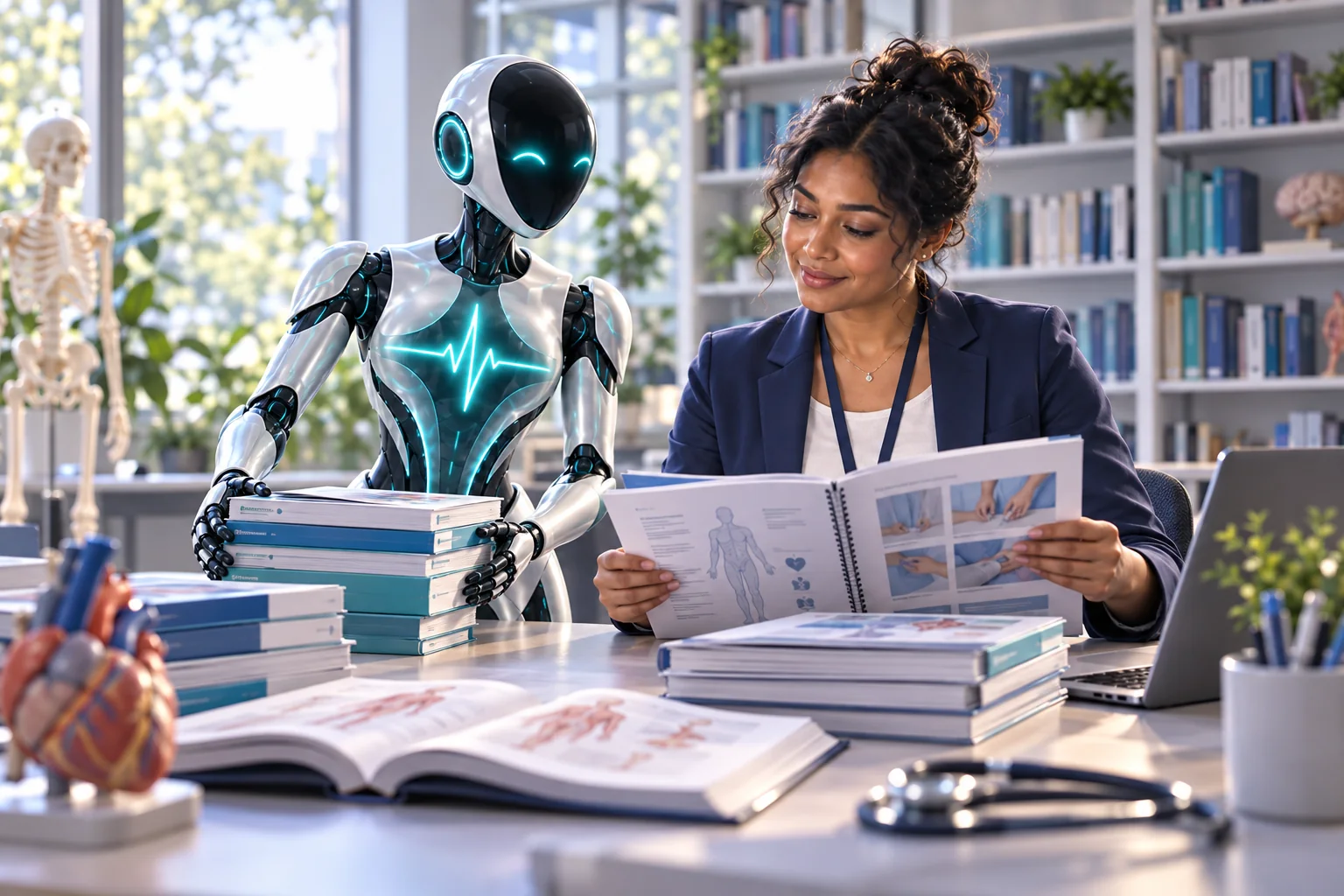 Clinical educator and DomAfina robot assistant reviewing resources in a library.