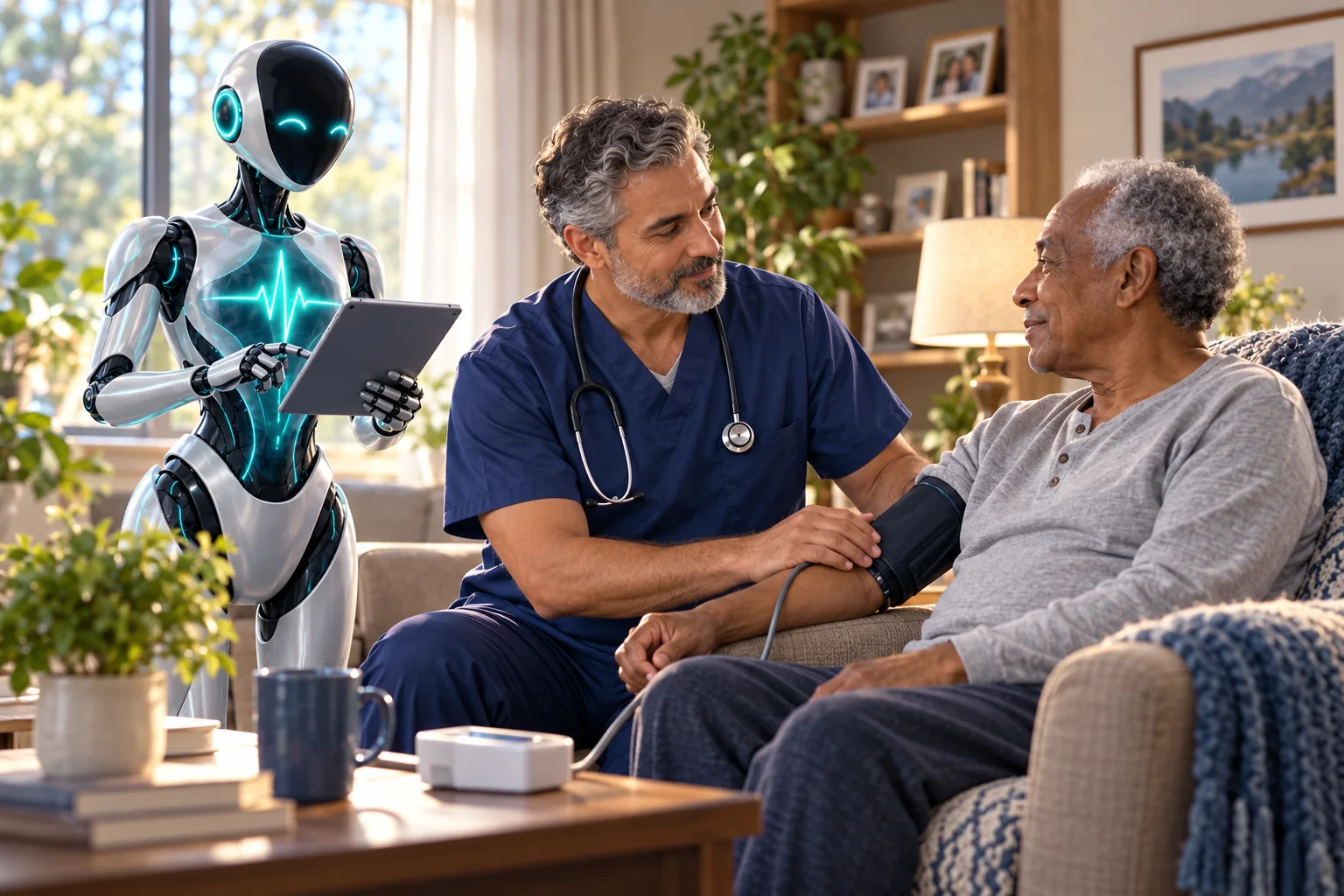 Nurse and DomAfina robot assistant reviewing a home-health assessment with a patient.