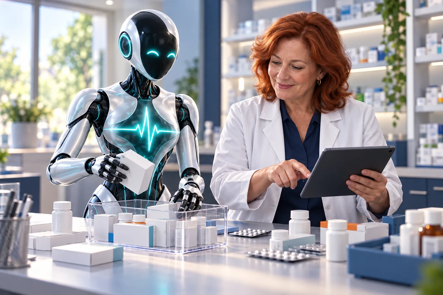 Pharmacist and DomAfina robot assistant reviewing medications at a pharmacy counter.