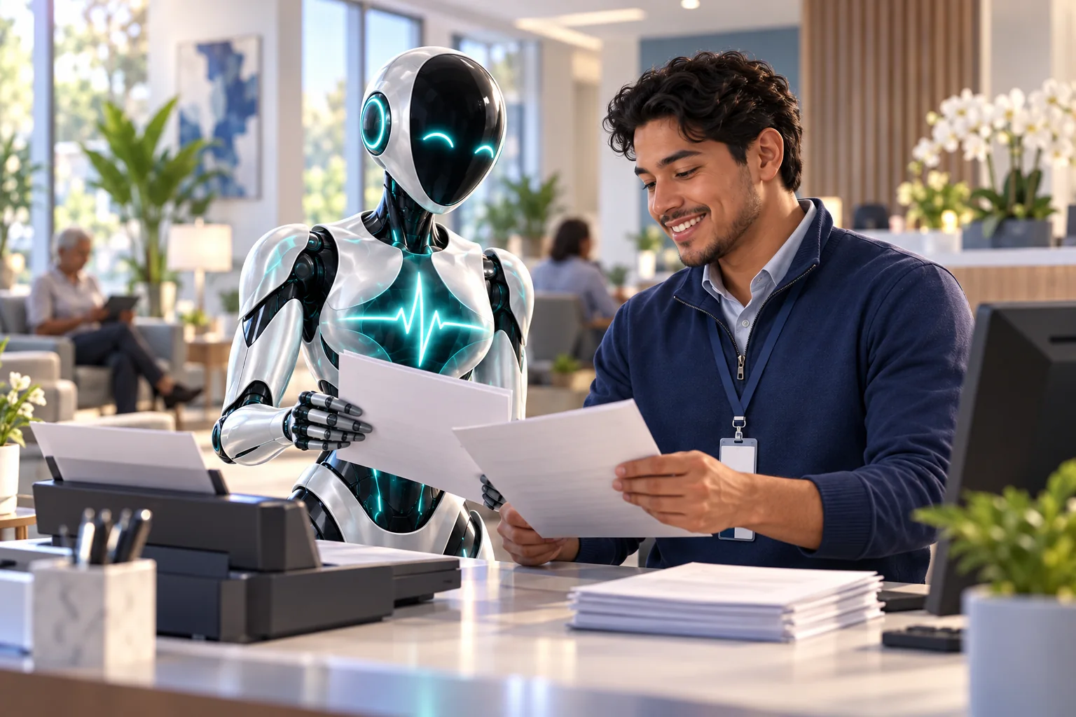 Intake coordinator and DomAfina robot assistant organizing patient referrals.