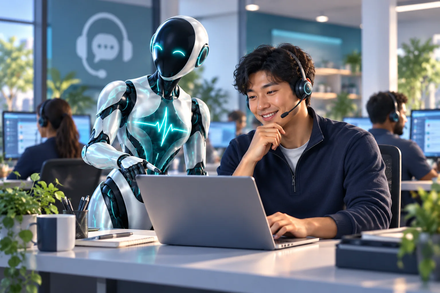 Support specialist and DomAfina robot assistant helping with software questions.