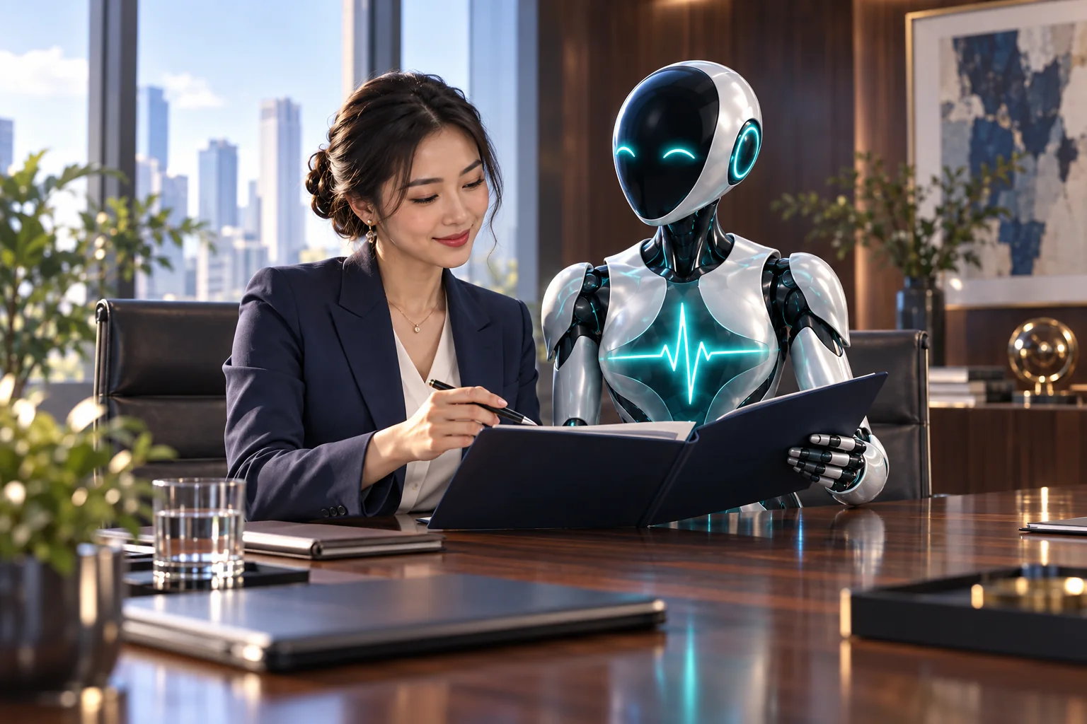 Business administrator and DomAfina robot assistant reviewing a software agreement.