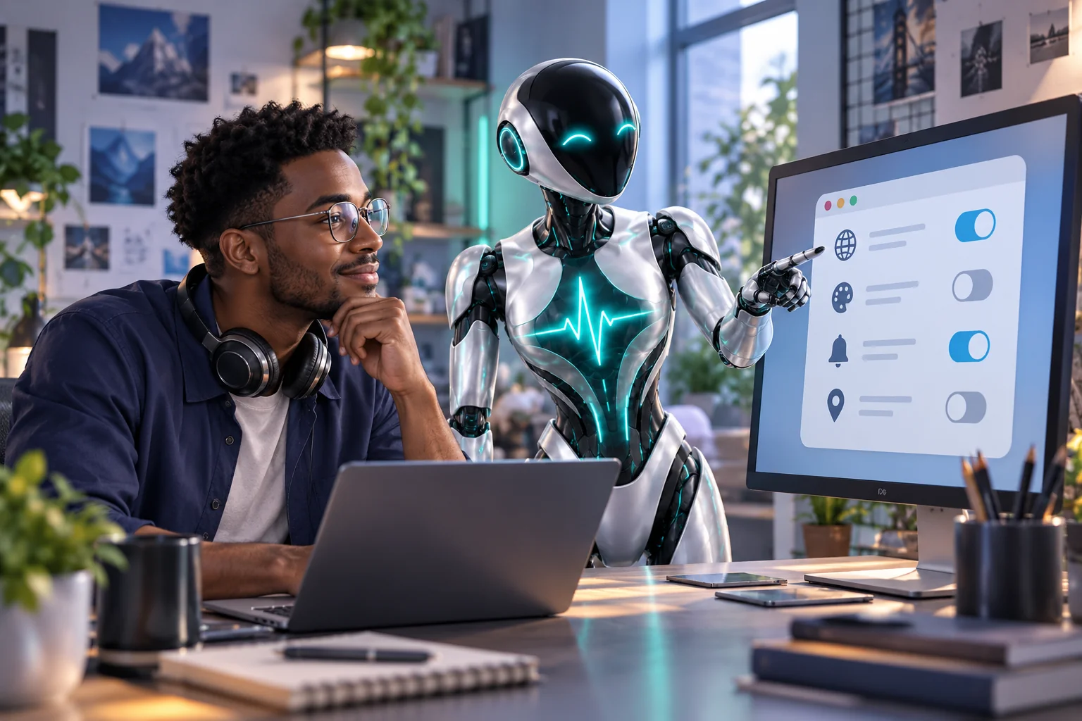 Web specialist and DomAfina robot assistant reviewing browser preference controls.